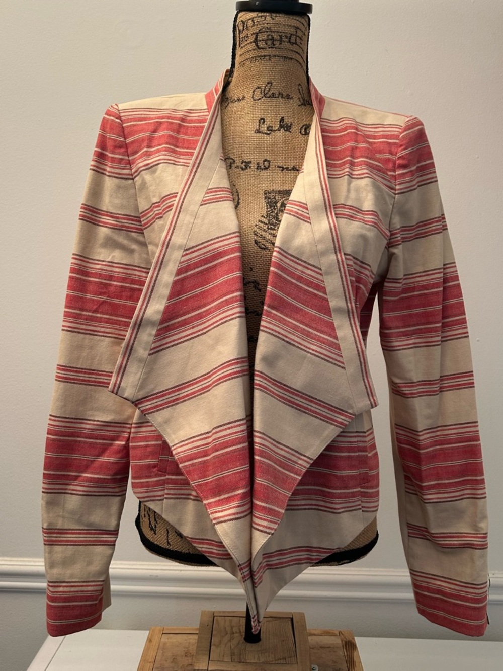 BCBGMAXAZRIA Striped Draped Open-Front Blazer Jacket in Red and Cream Size Large